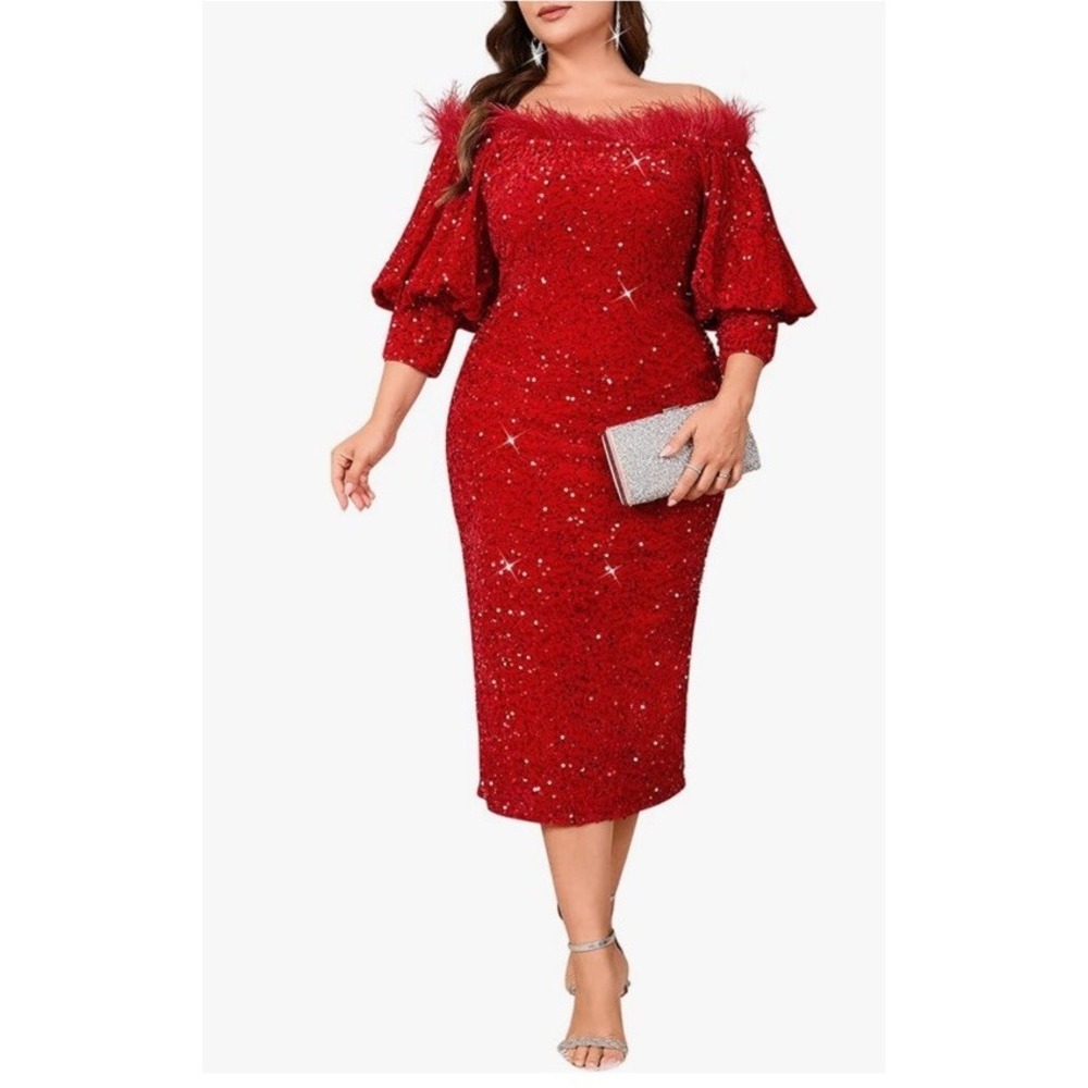 Women Sexy Sequin Off The Shoulder Puff 3/4 Sleeve Bodycon Dress Formal Party L